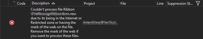 The error that is displayed when trying to build the project