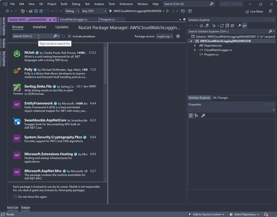 Install the AWSSDK.CloudWatchLogs Nuget package to our new project