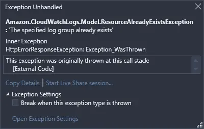 A ResourceAlreadyExistsException is thrown when we try to create a log group that already exists