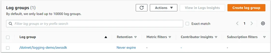We should see our new Log Group in the AWS CloudWatch Console
