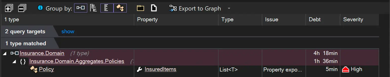 Screenshot of NDepend in Visual Studio showing entities that expose mutable collection properties.