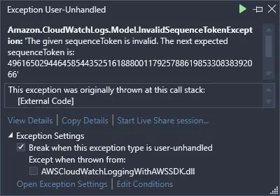 An InvalidSequenceTokenException is thrown the second time we try to log a message