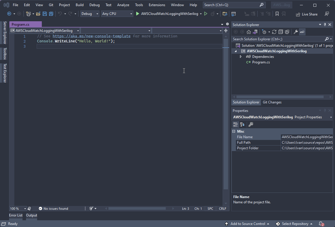 Install the Serilog and Serilog.Sinks.Console Nuget packages